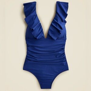 J.Crew Women’s Ruched Ruffle One-Piece Swimsuit BP222 Size 12 In Royal Blue NWT